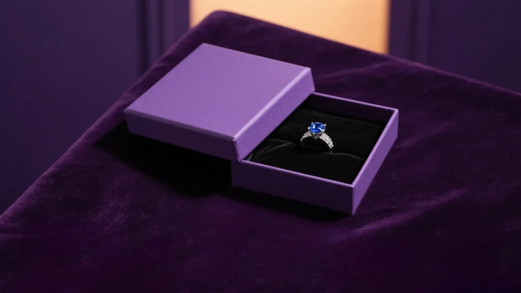 purple jewelry box with ring on velvet surface