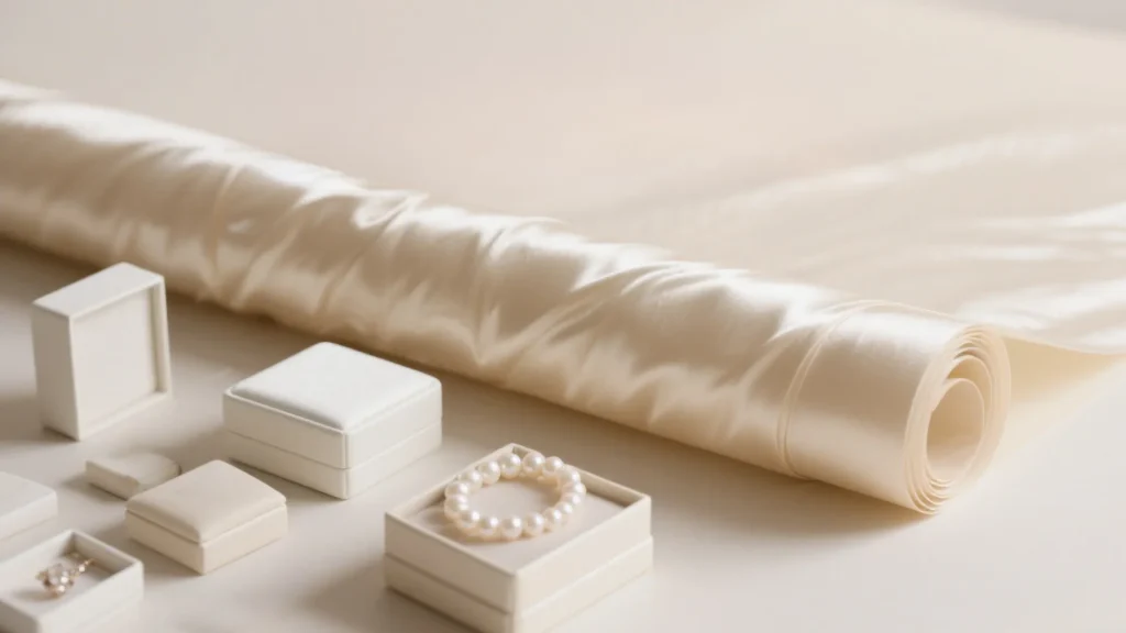 rolled satin fabric and small jewelry boxes