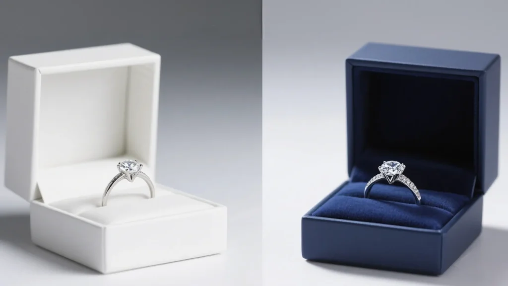 white and blue jewelry boxes with rings
