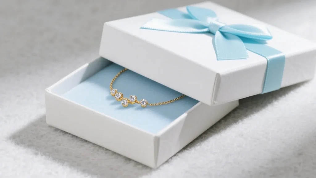 white jewelry box with blue bow and necklace