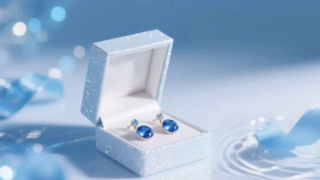 white jewelry box with blue gems on blue backdrop