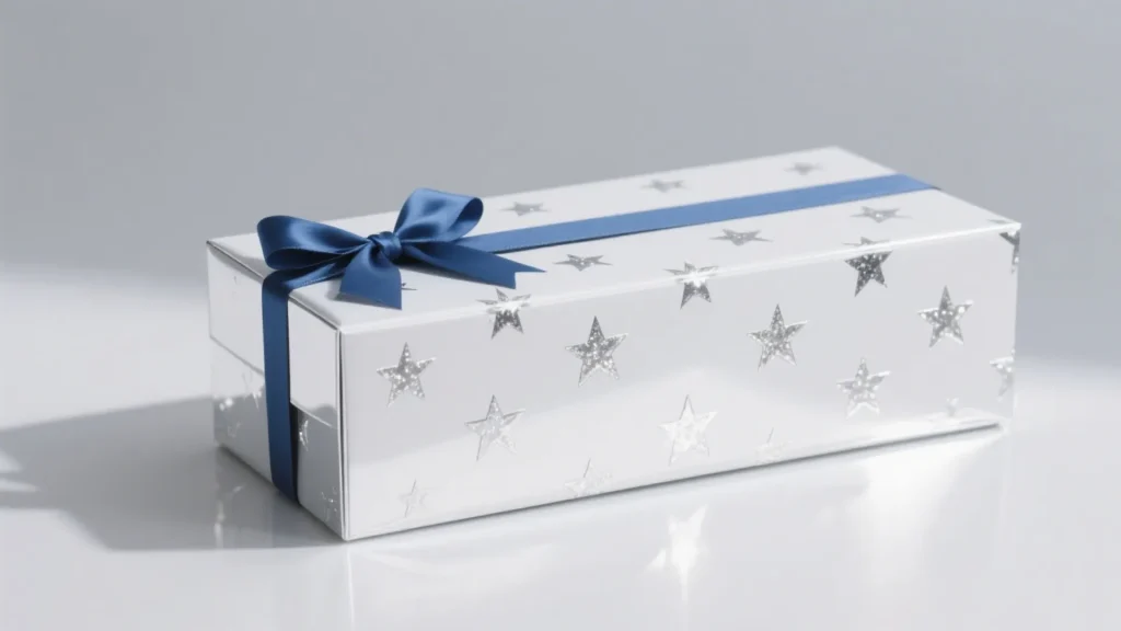 white jewelry box with blue ribbon