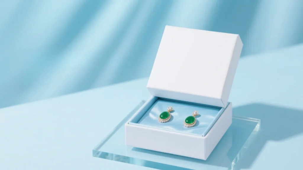 white jewelry box with earrings on blue background
