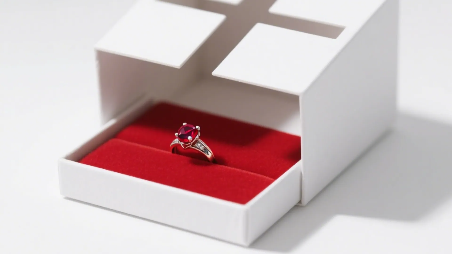 white jewelry box with red insert and ring