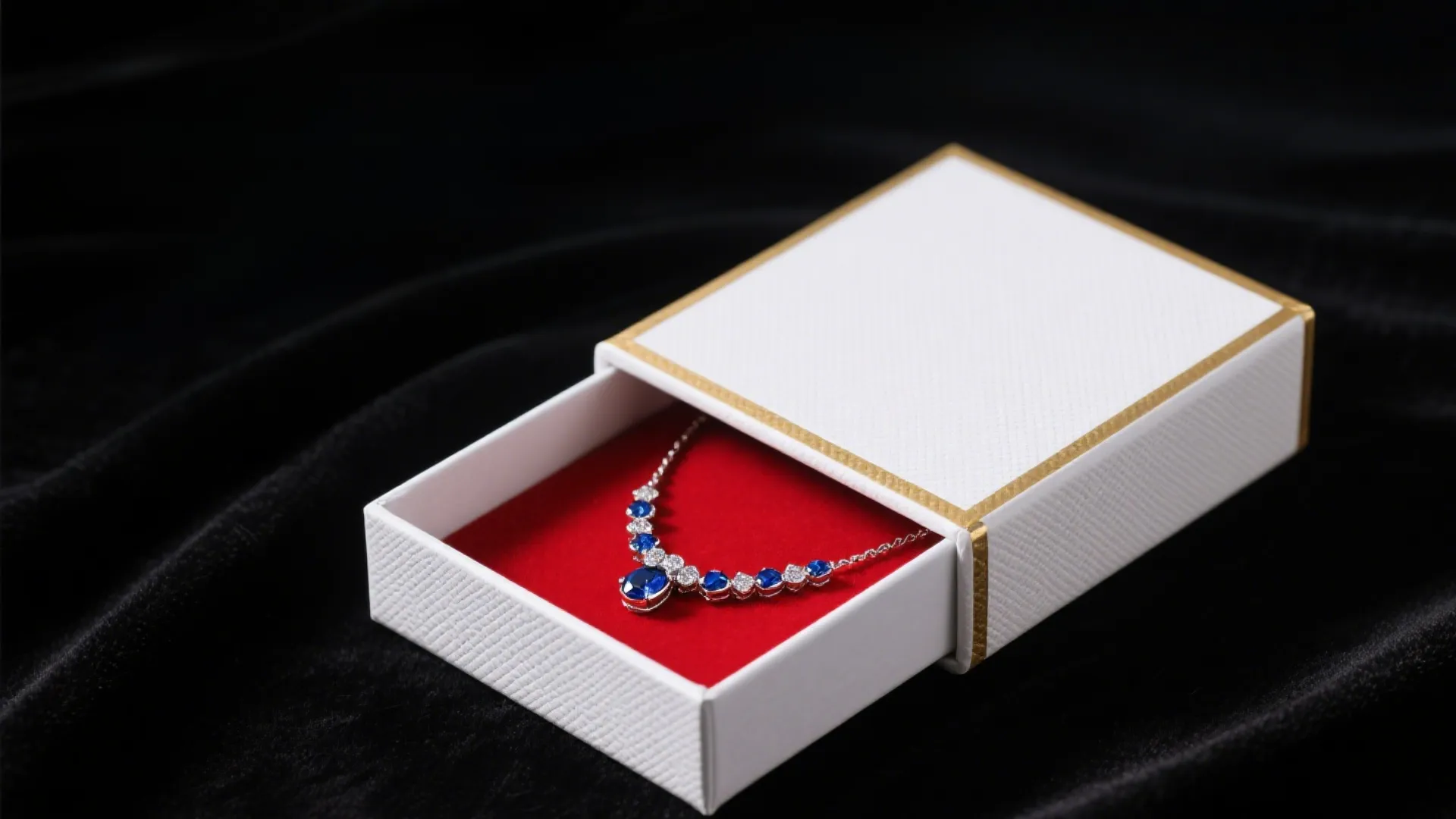 white jewelry box with red interior and necklace