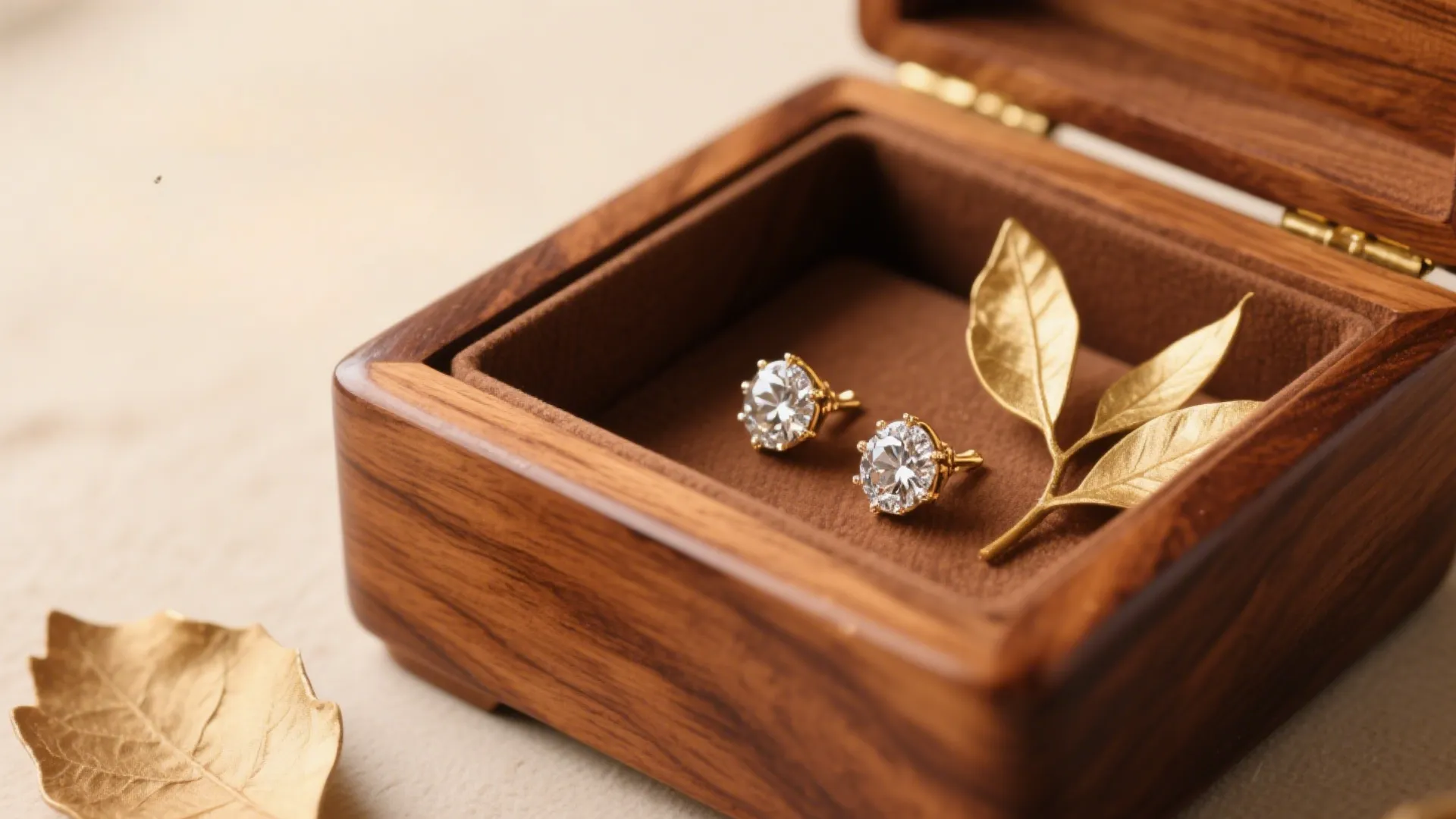 wooden jewelry box with earrings and leaf decoration