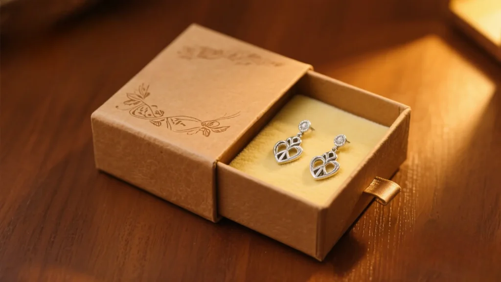 wooden jewelry box with earrings on wooden table