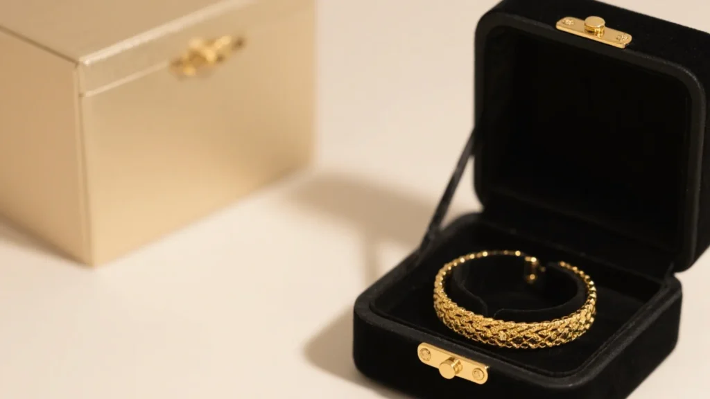 gold bracelet in black and gold jewelry box