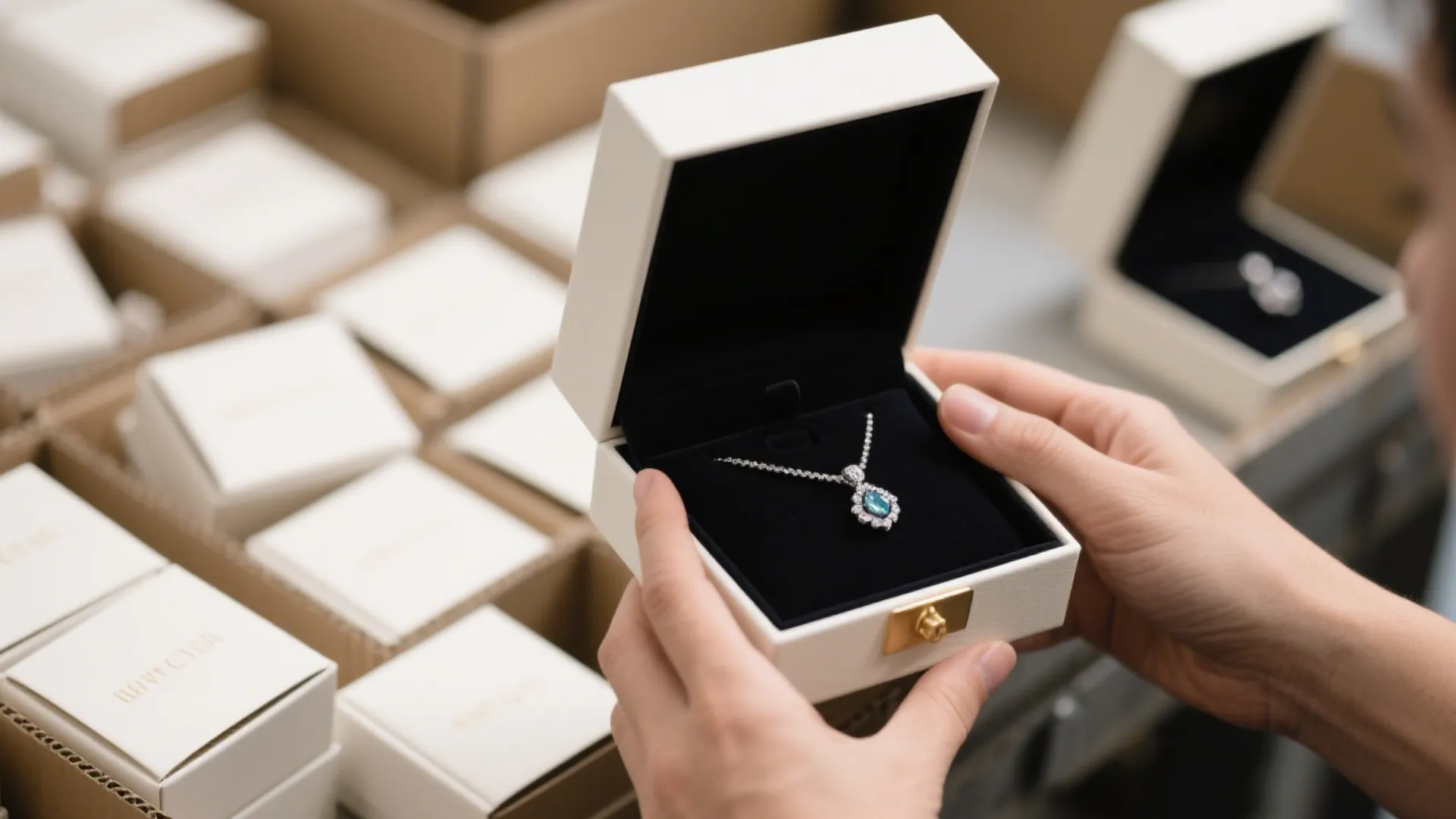 hand opening white jewelry box with necklace