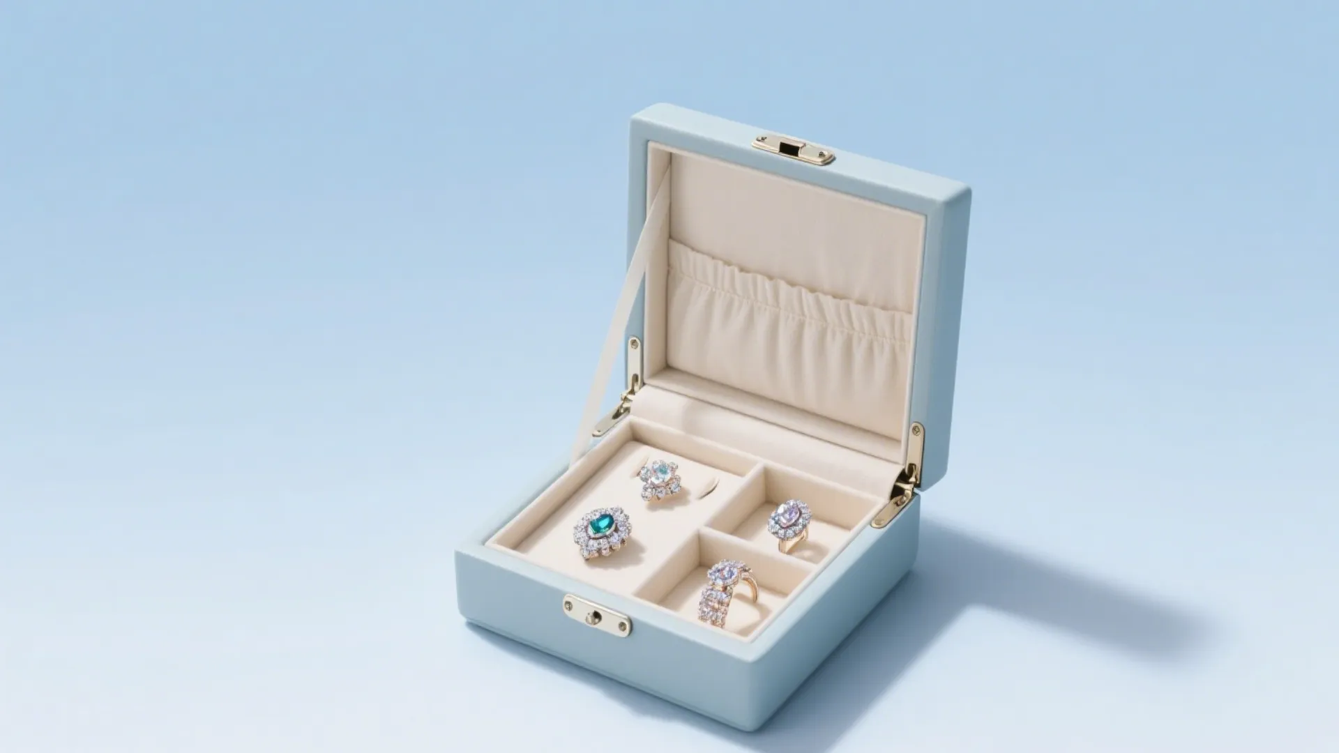 light blue jewelry box with accessories
