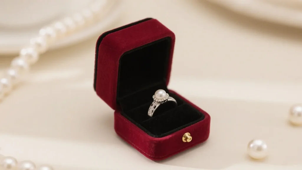 pearl and diamond ring in red velvet jewelry box