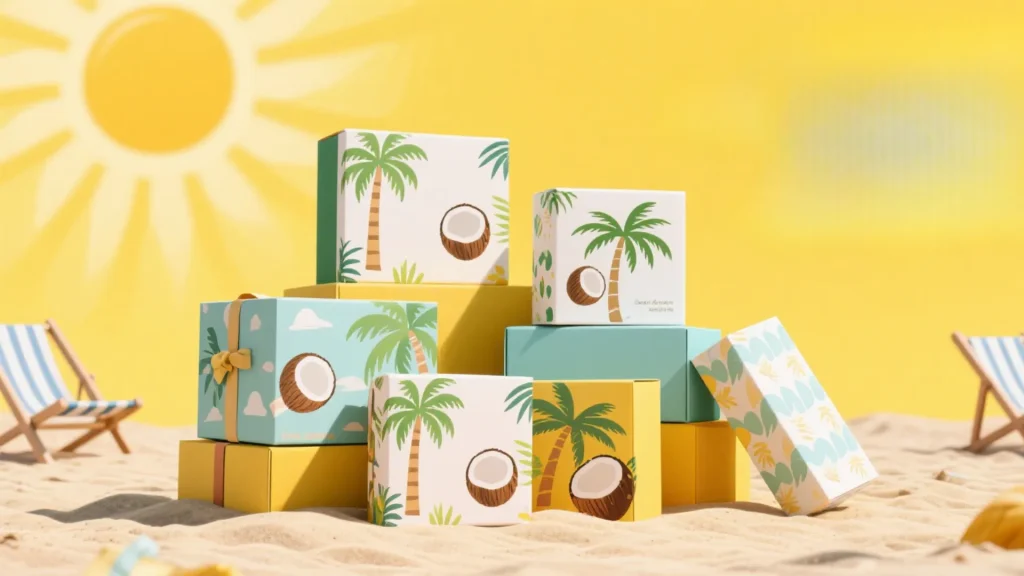summer themed cosmetic packaging with coconut design