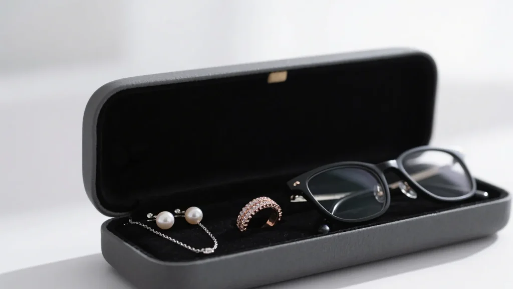 A hard-shell eyeglass case repurposed as a protective travel jewelry box for delicate items.
