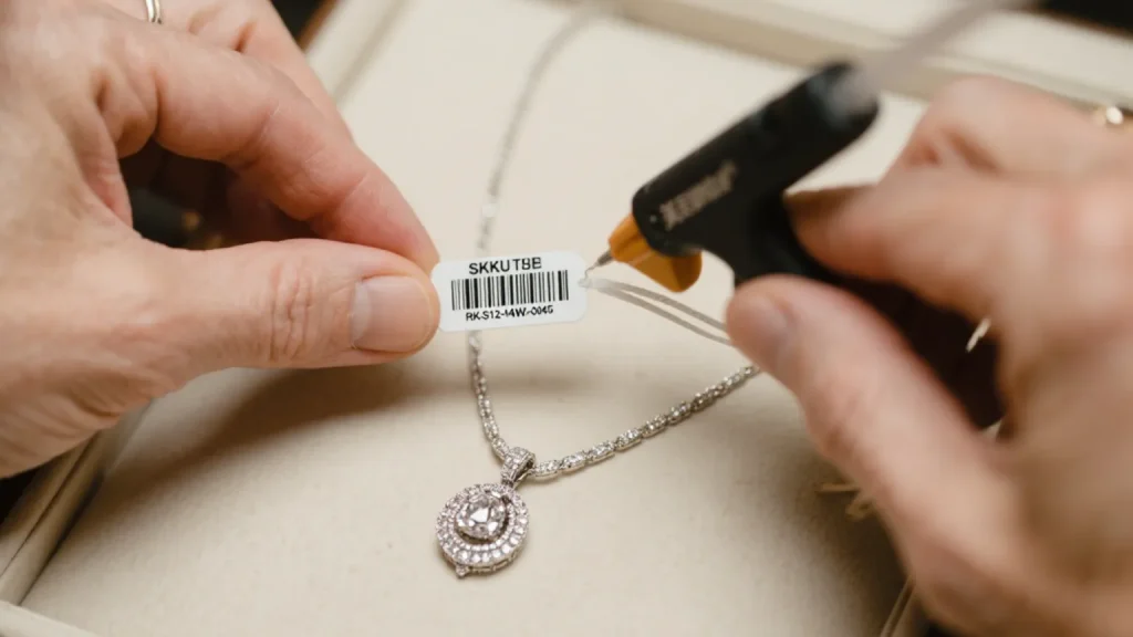 hand applying barcode to jewelry necklace