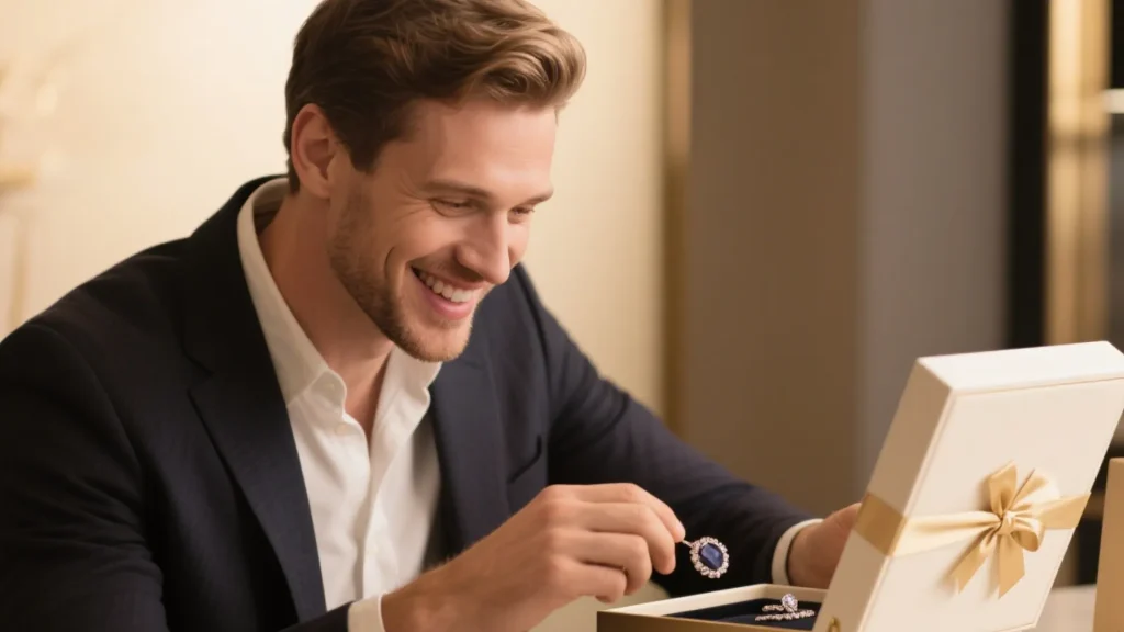man unboxing elegant jewelry gift box