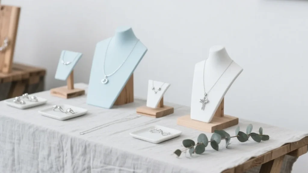 minimalist jewelry display on white table