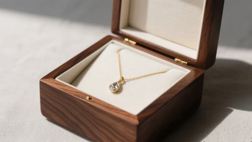 open wooden box with necklace inside