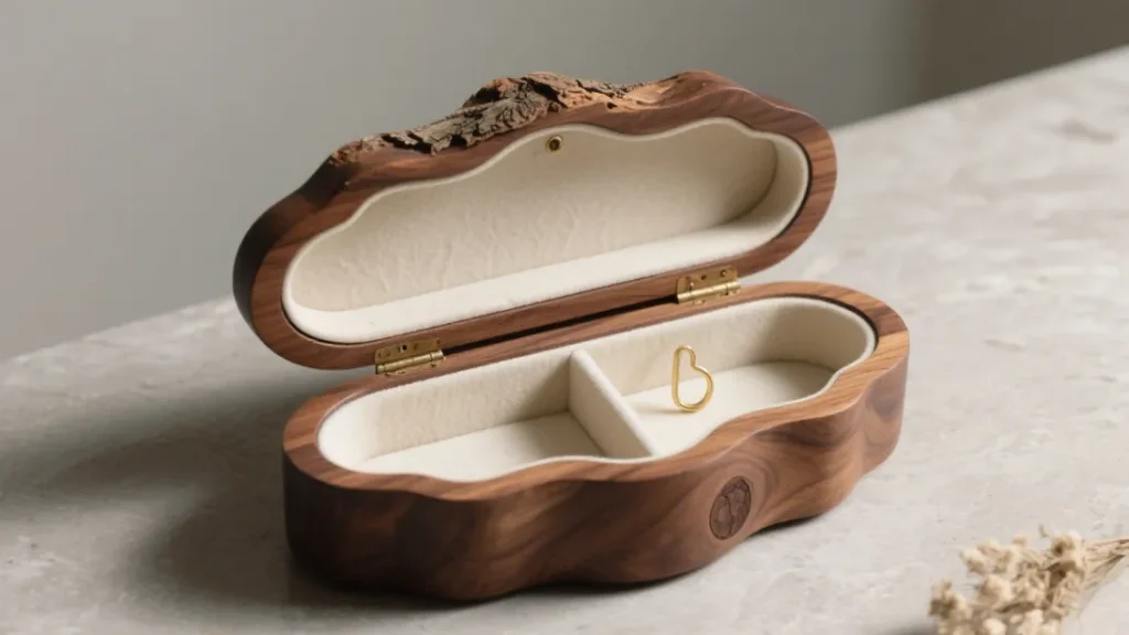 open wooden jewelry box velvet lining