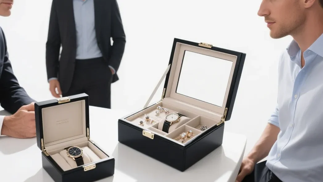 richpck men discussing jewelry boxes