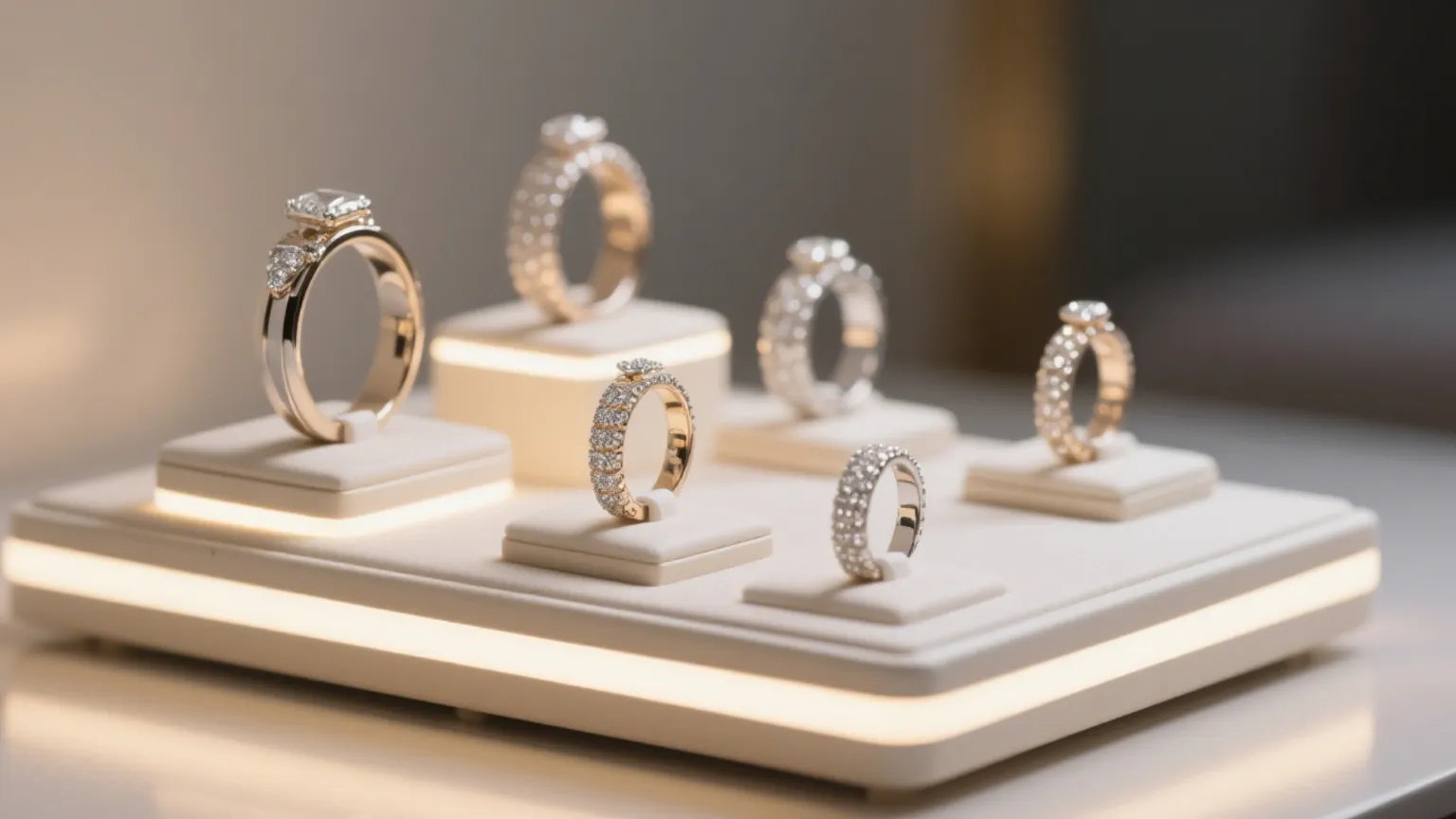ring jewelry display on white table