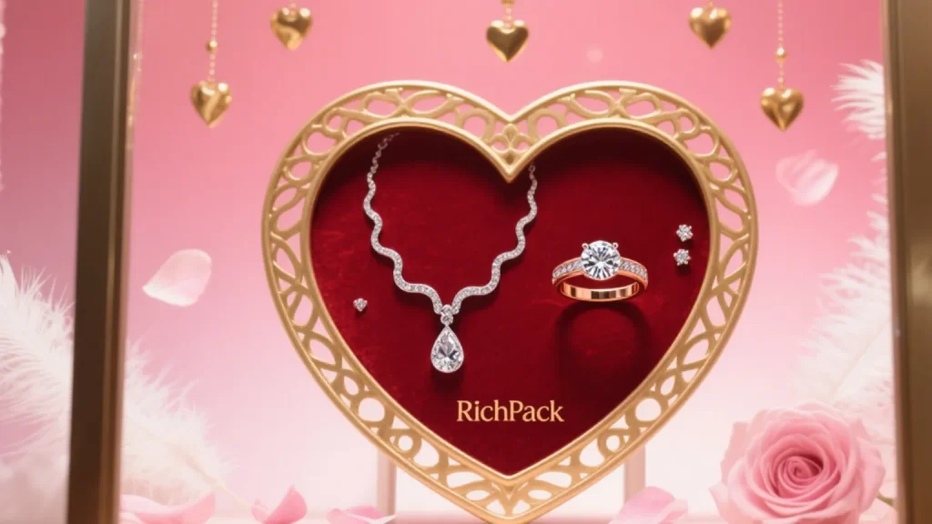 romantic heart jewelry display pink background