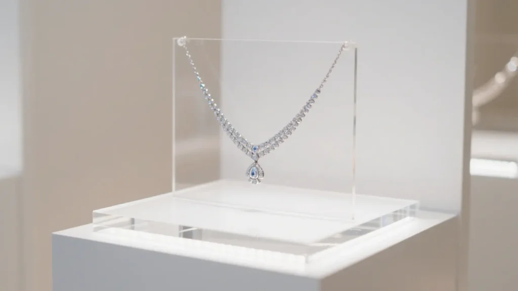 single necklace display in glass case