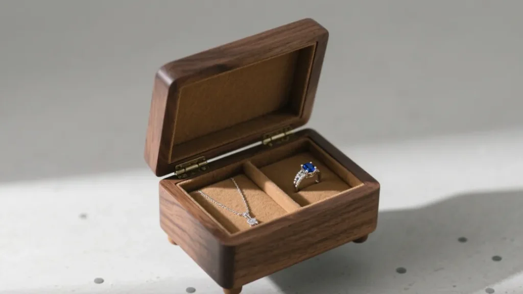 small open wooden jewelry box