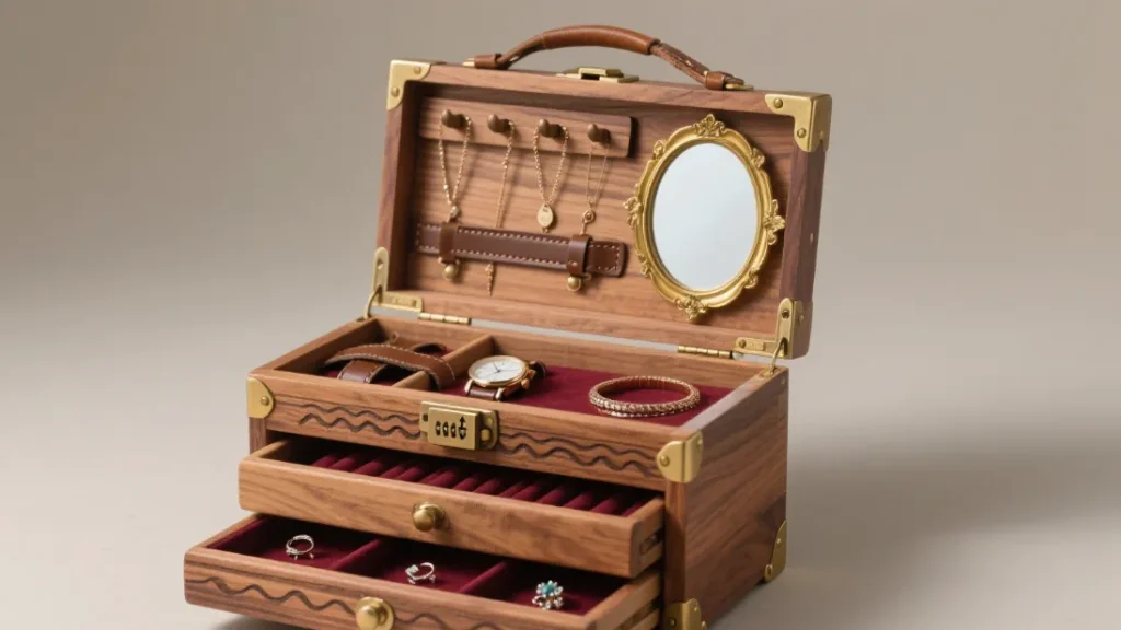 wooden box mirror compartment jewelry