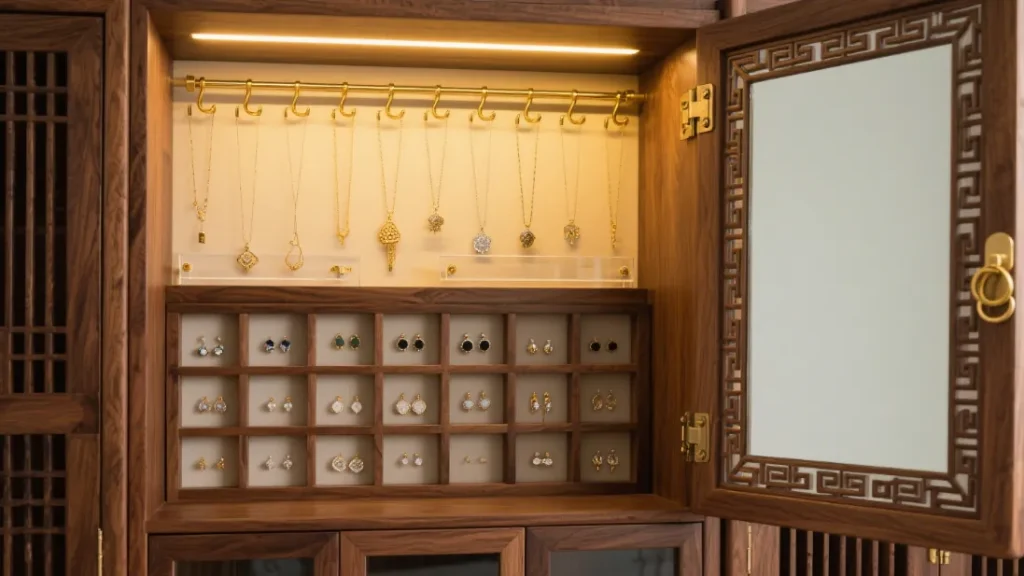 wooden box mirror door jewelry arrangement