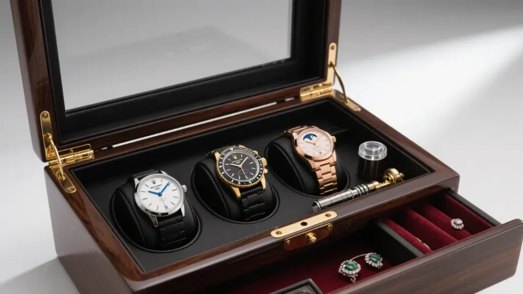 wooden jewelry box watch ring compartments