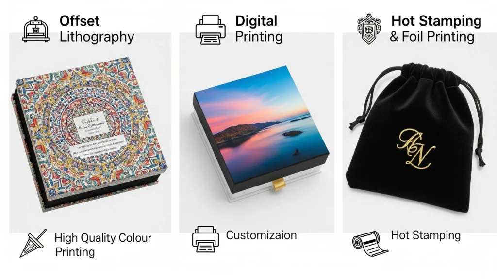 Visual comparison of offset, digital, and hot foil stamping on various jewelry packaging materials, highlighting the distinct quality and luxury effect of each printing technique.