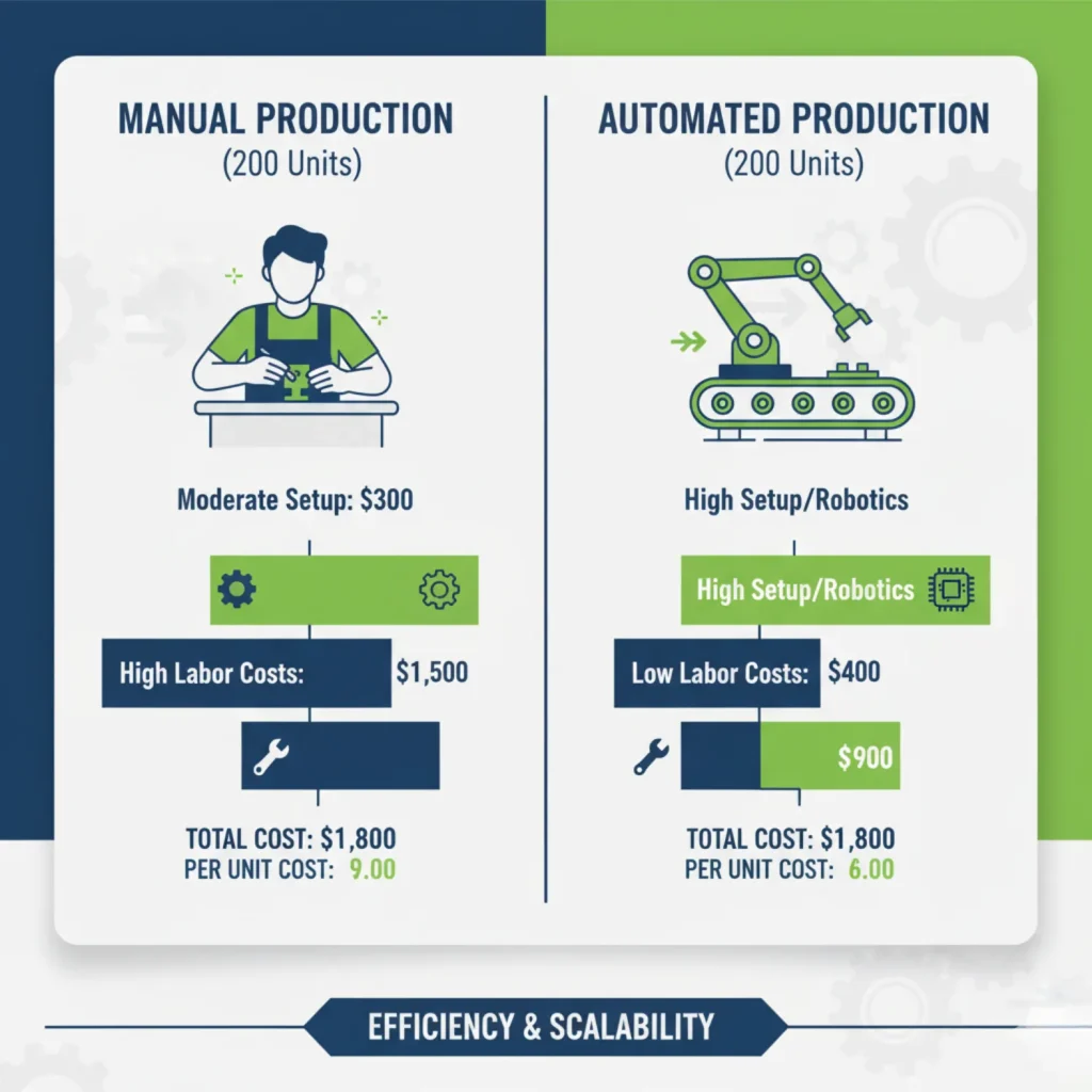 Cost comparison between manual and automated production for jewelry packaging, highlighting increased labor costs for small orders.