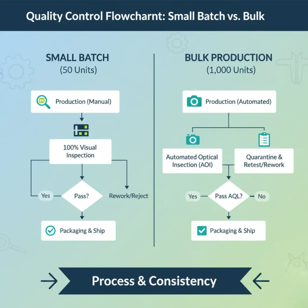 The difference in quality control processes for small batch and large volume jewelry packaging orders.
