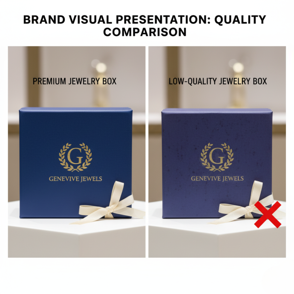 Side-by-side comparison of a high-quality and low-quality custom jewelry box print, showcasing brand inconsistency.