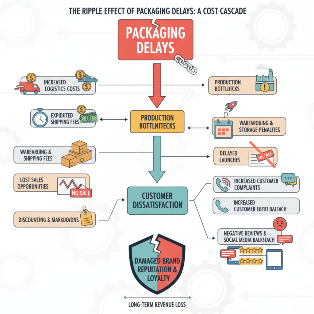 Infographic illustrating the domino effect of packaging delays on supply chain costs and customer satisfaction.