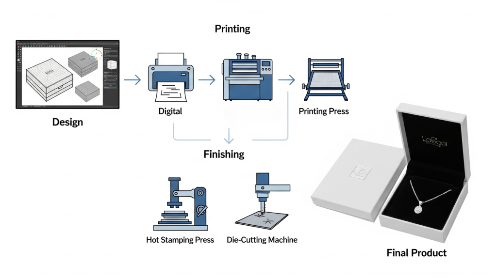 A flow chart outlining the complete jewelry packaging printing process, from initial design and printing method selection to final finishing and assembly.