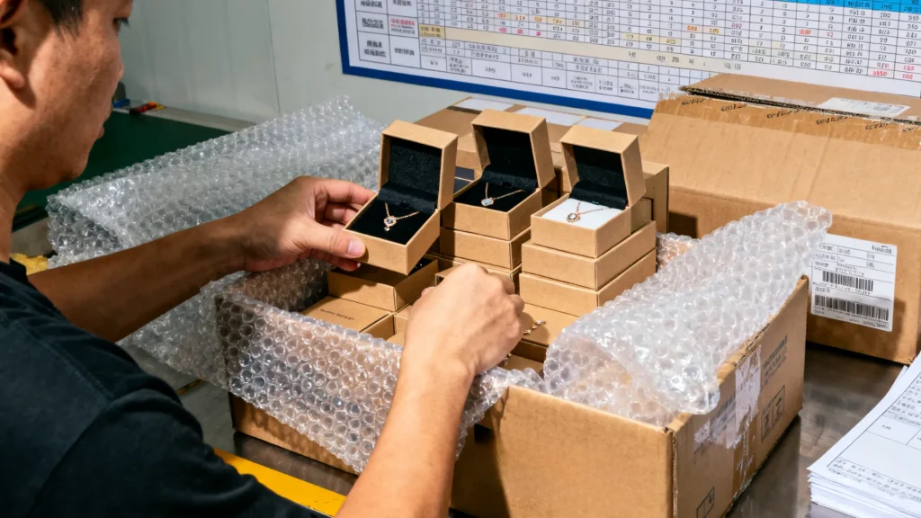 Worker packing Richpack jewelry boxes for shipping