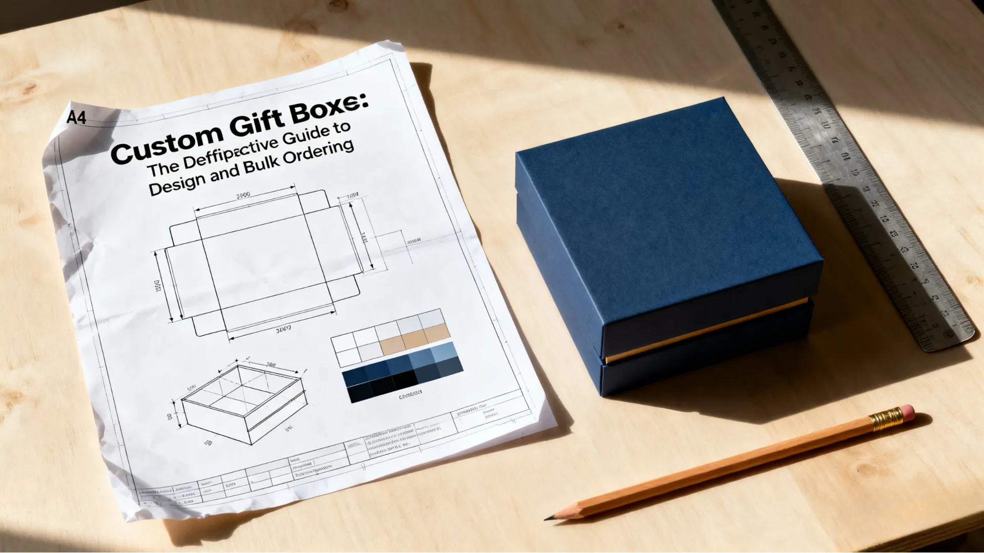 design sketches and blue box on desk