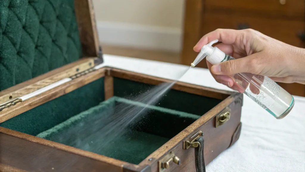 spraying cleaner on jewelry box