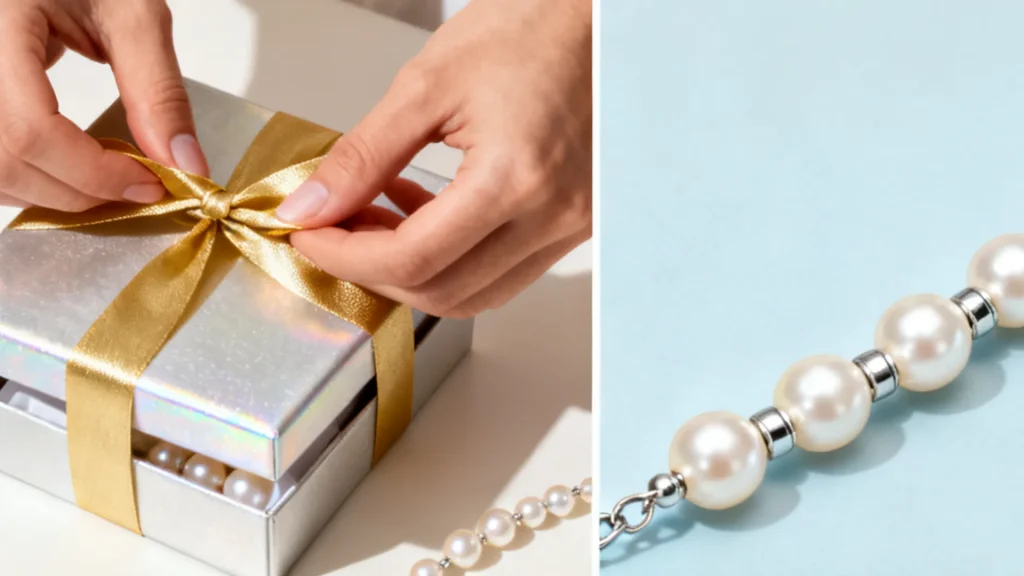 tying ribbon on gift box with pearl necklace