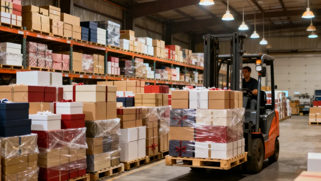 warehouse with boxes and forklift