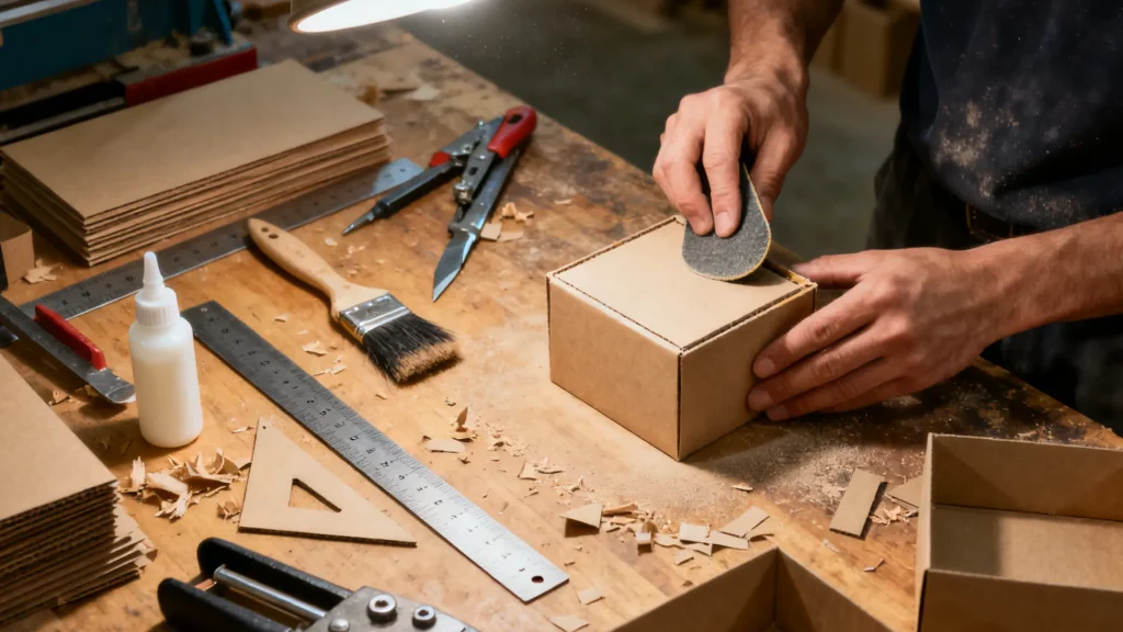 worker crafting wooden boxes with tools
