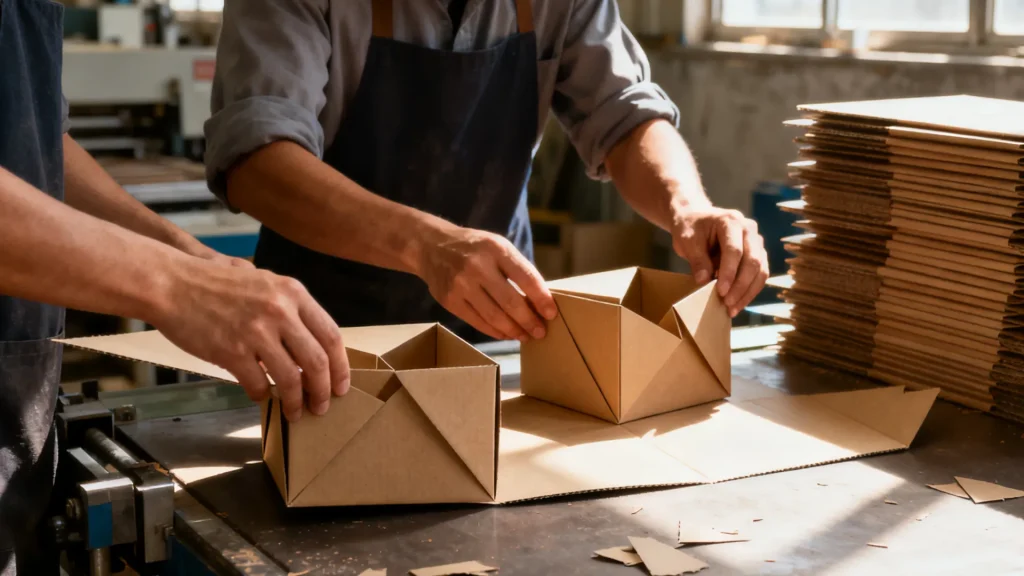 workers packing boxes in workshop