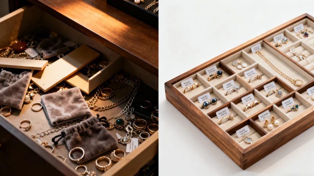 Before after comparison messy drawer vs organized custom jewelry tray