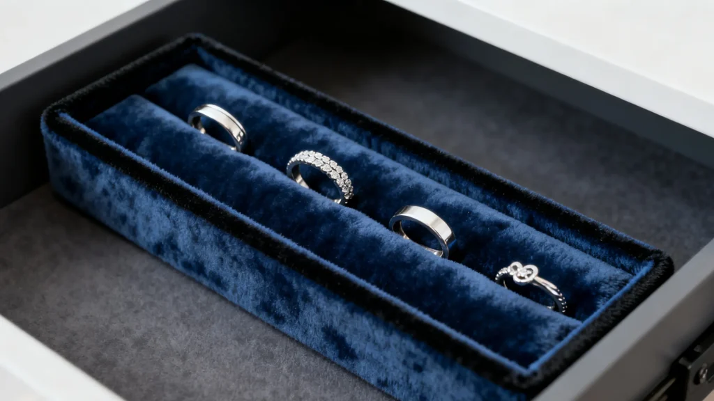 Blue velvet custom jewelry tray in drawer