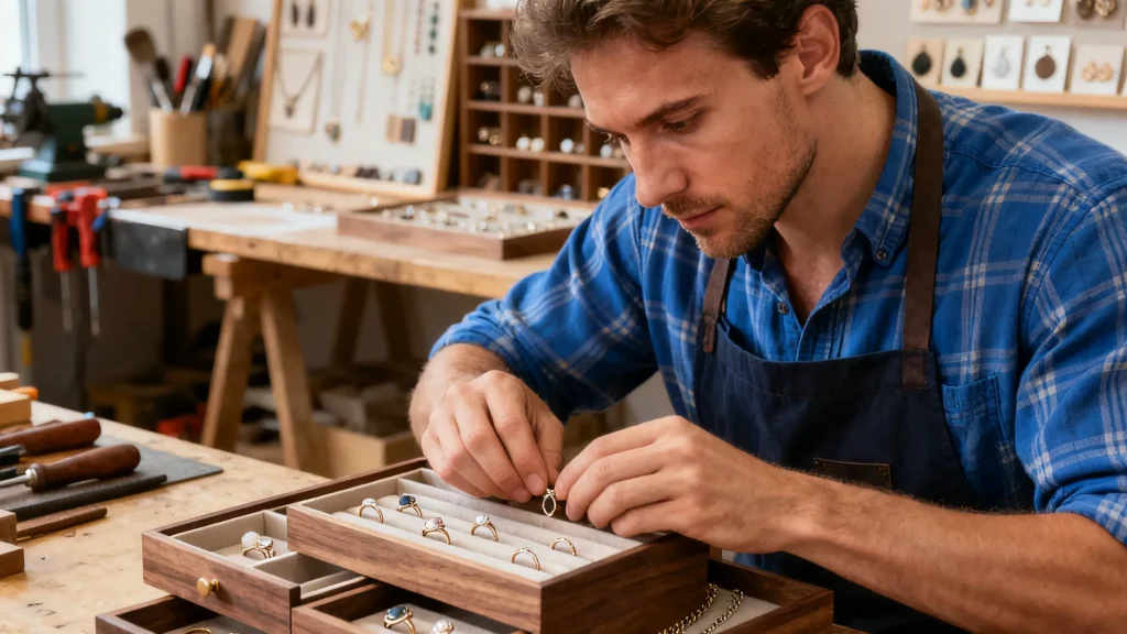 Craftsman making custom jewelry tray in workshop