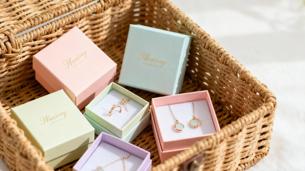 colorful jewelry boxes in wicker basket