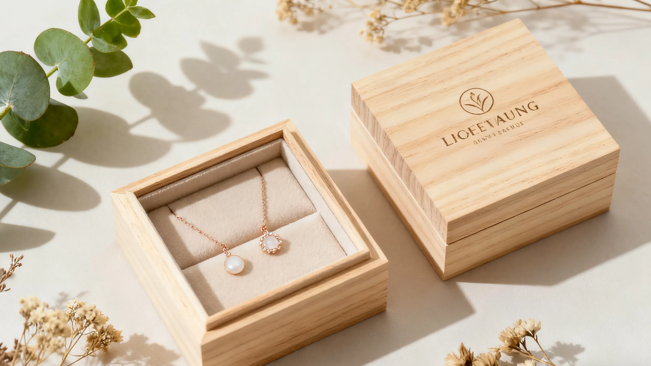 jewelry in wooden box with greenery