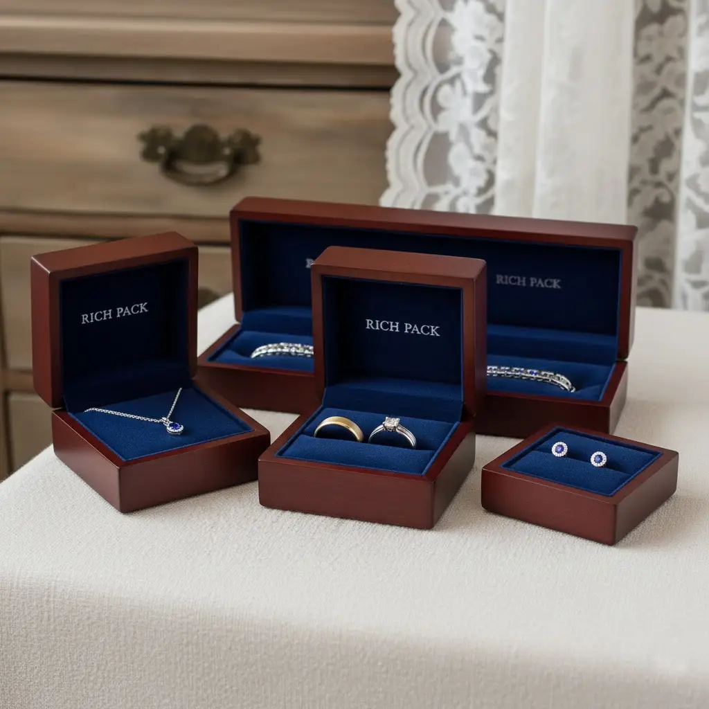 A collection of Richpack branded jewelry boxes for rings, necklaces, and bracelets.