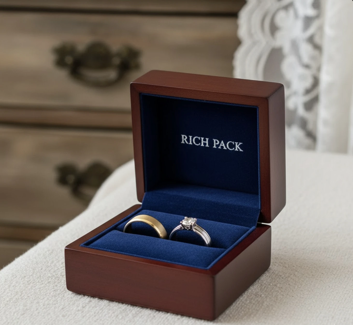 A Richpack branded wooden ring box with two rings inside